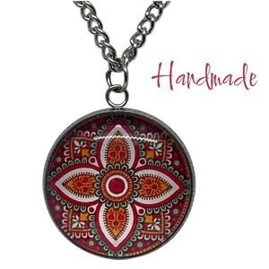 Handmade Red Orange Teal Silver Mandala Pendant Necklace & Earrings Set NWT OS